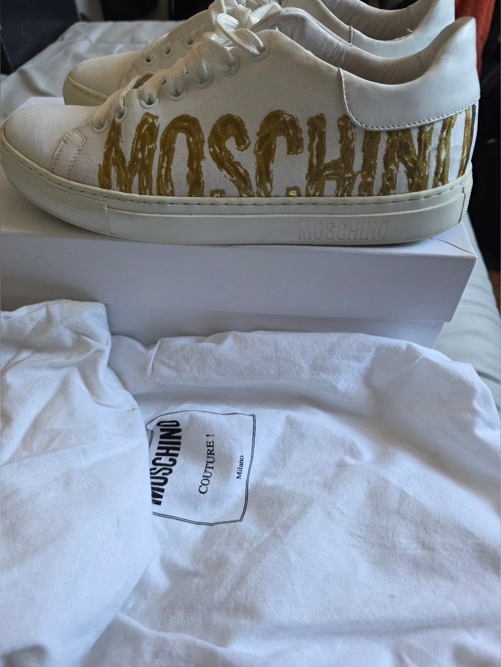 Moschino White Sneakers with Gold Logo Detailing - Picture 2 of 5